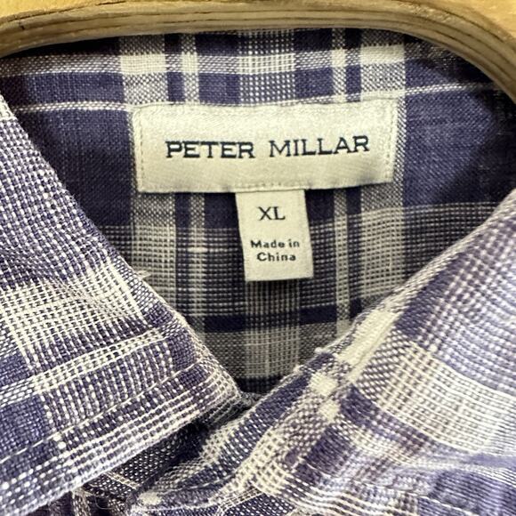 Peter Millar XL 100% Linen Button Down Shirt Long‎ Sleeves Blue Plaid MSRP $160 - Picture 3 of 7